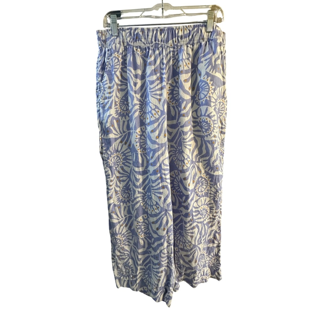 Nicole Miller New York Blue White Floral 100% Linen Wide Leg Pants Large